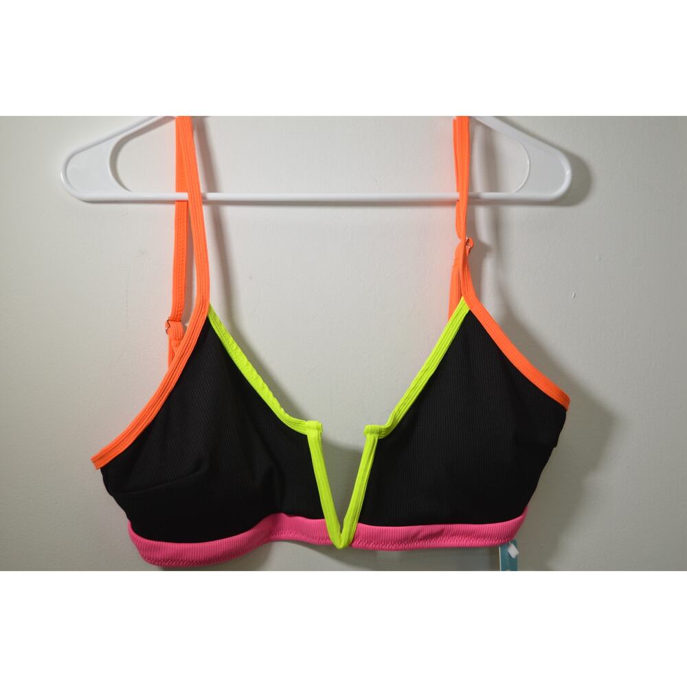 Popvil Neon Colorblock Bikini Top Black Pink Orange Adjustable PXL